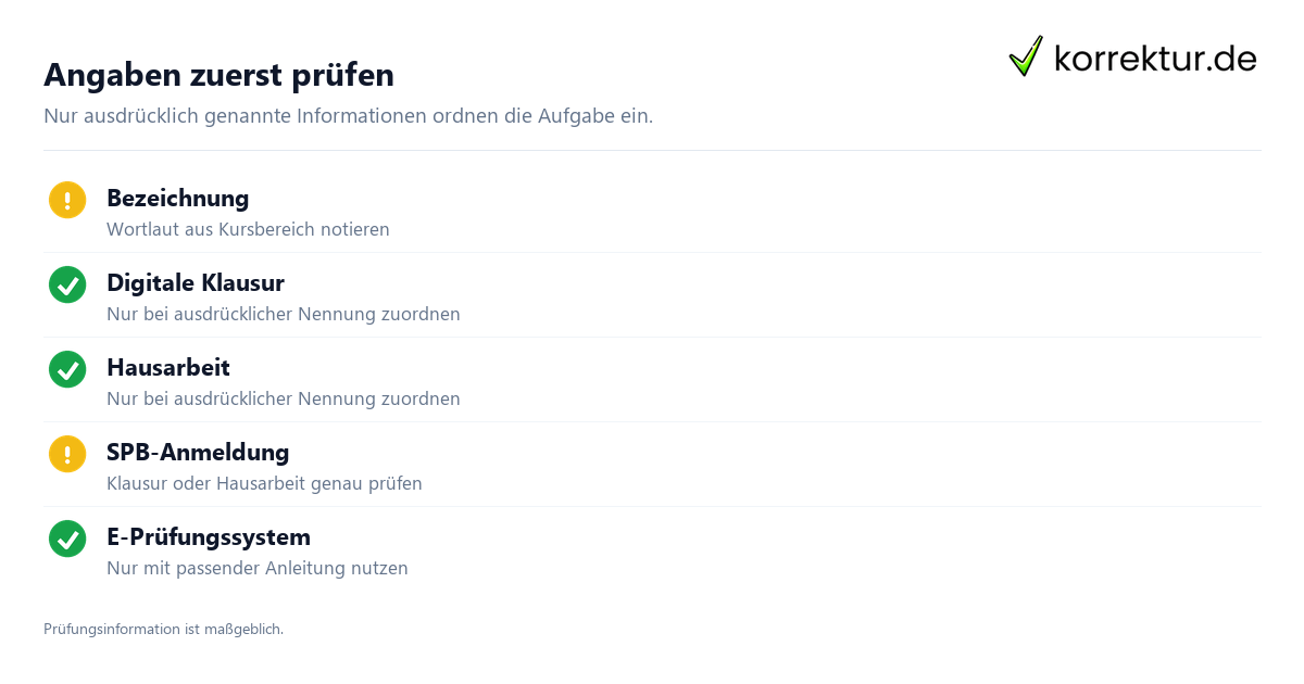 Angaben zuerst prüfen Hausklausur im Studium: Begriff und Ablauf klären, Angaben prüfen