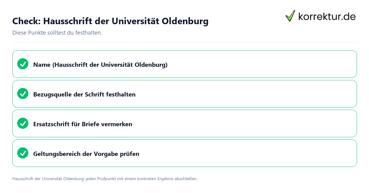Hausschrift der Universität Oldenburg mit einer themenspezifischen Checkliste