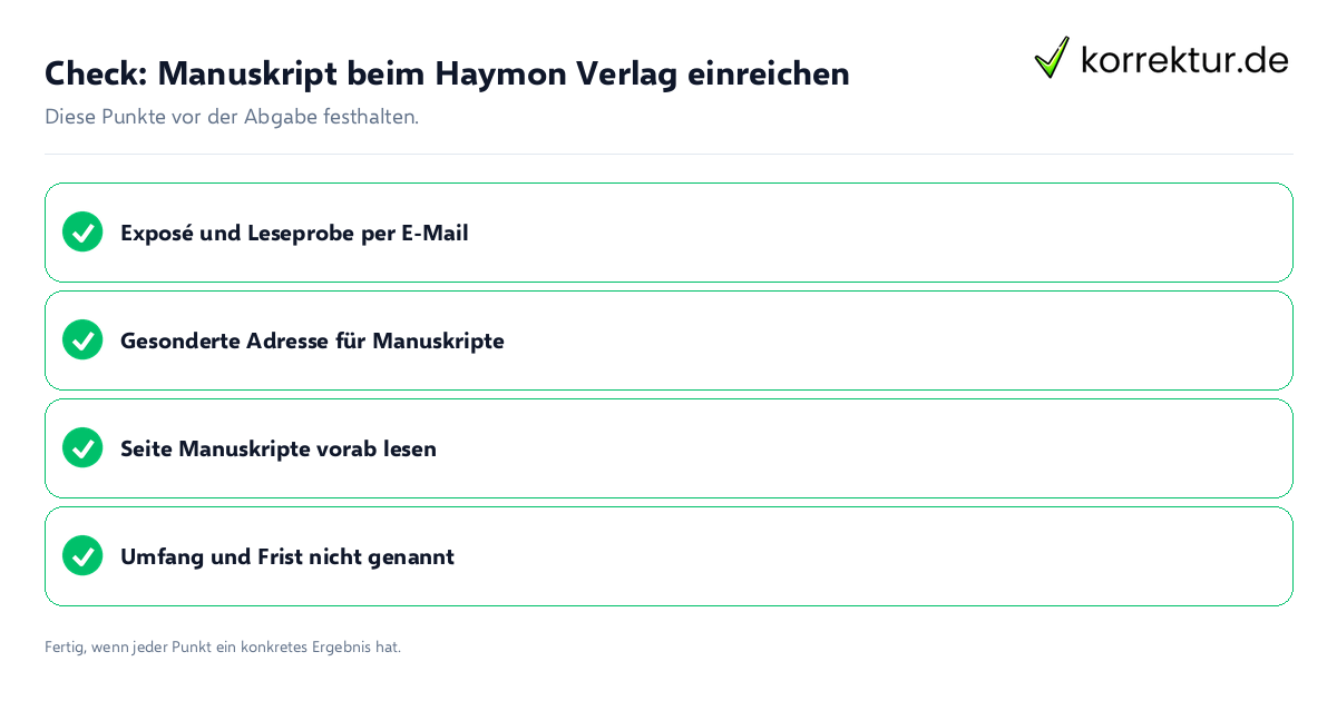 Check: Manuskript beim Haymon Verlag einreichen Manuskript beim Haymon Verlag einreichen: Prüfliste mit vier Punkten