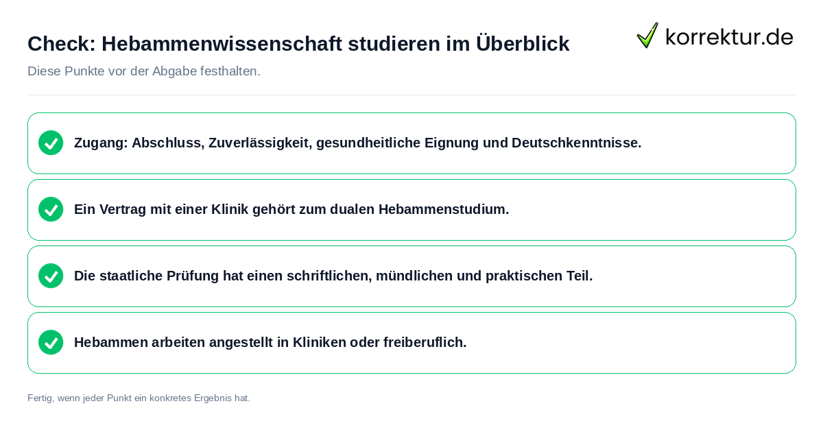 Hebammenwissenschaft studieren im Überblick: Prüfliste mit vier Punkten