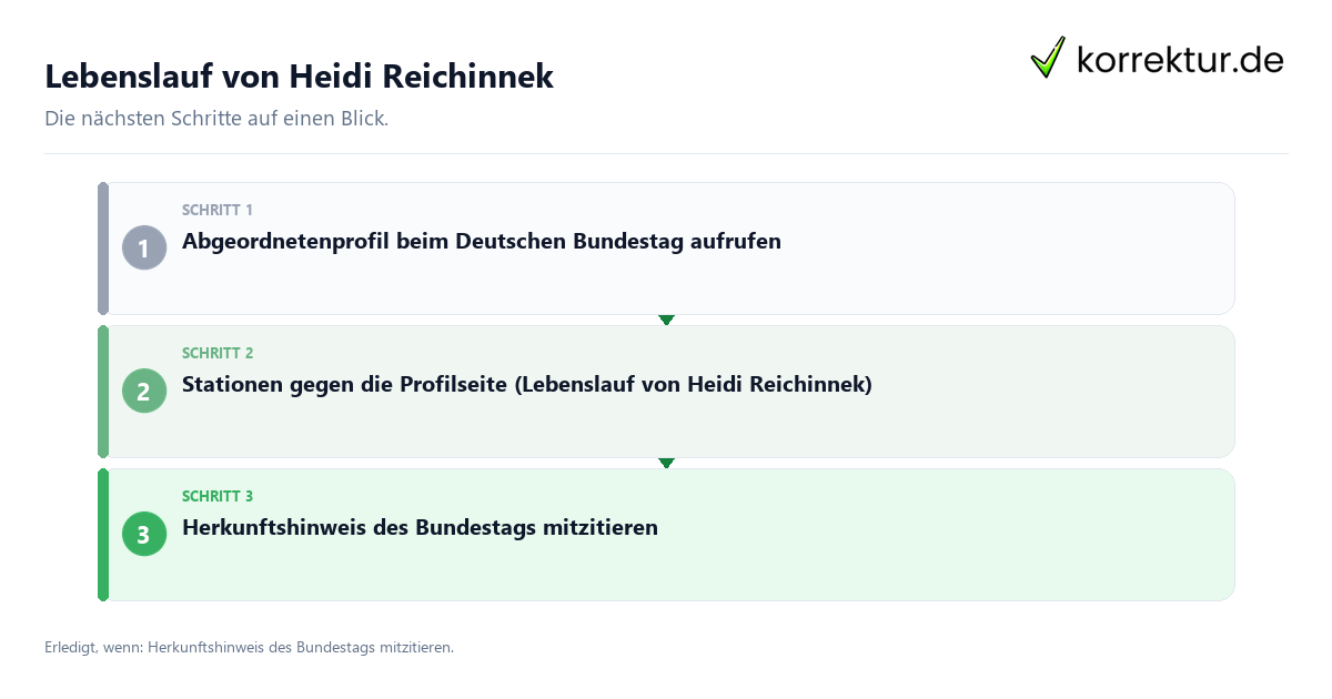 Lebenslauf von Heidi Reichinnek mit einem Ablauf aus Prüfung, Kontakt und Dokumentation