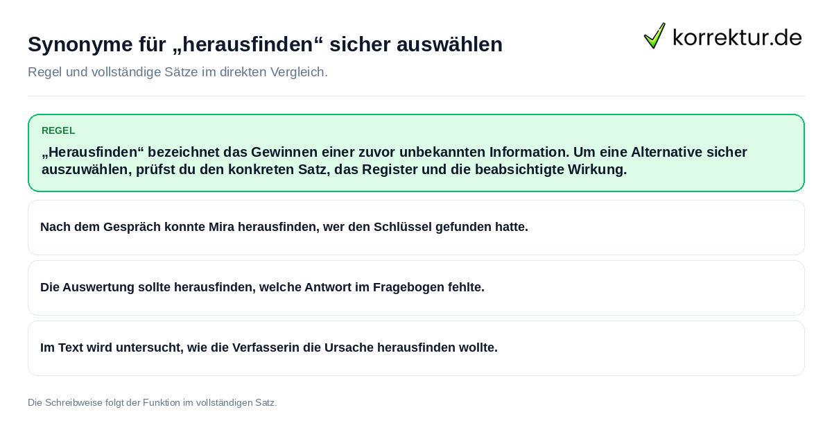 Konkrete Regel und vollständige Beispielsätze zu Synonyme für „herausfinden“ sicher auswählen