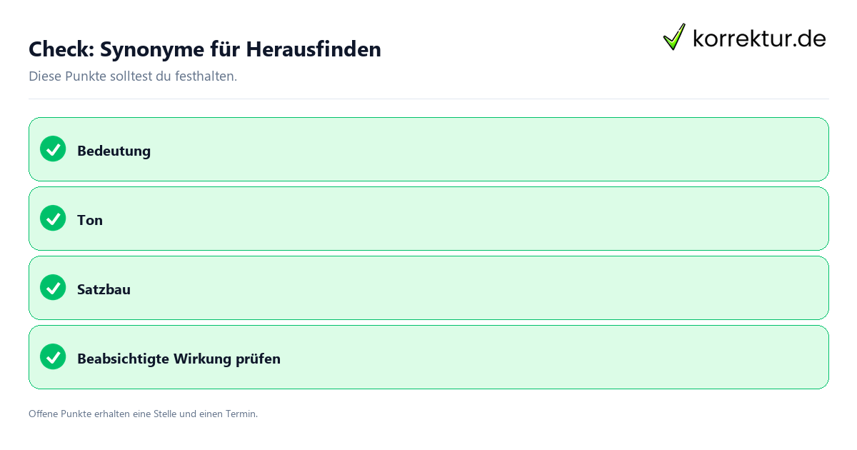Synonyme für Herausfinden mit Checkliste für Unterlagen und nächste Schritte