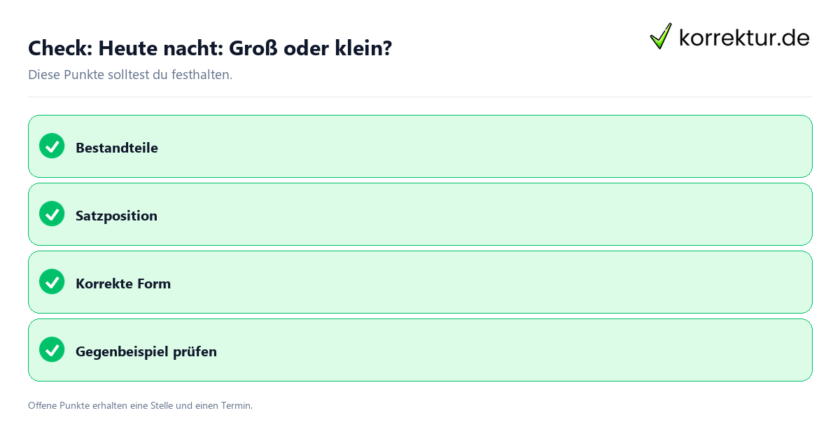 Heute nacht: Groß oder klein? mit Checkliste für Unterlagen und nächste Schritte