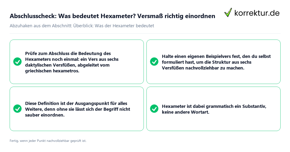 Konkreter Abschlusscheck zu Was bedeutet Hexameter? Versmaß richtig einordnen