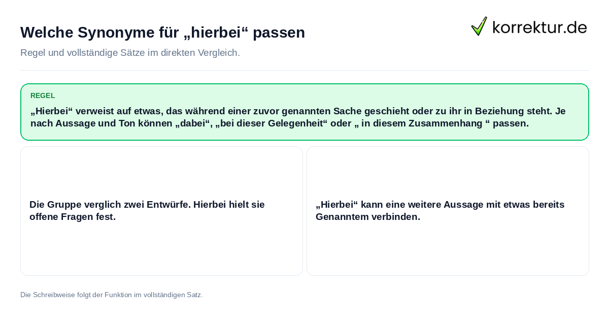 Konkrete Regel und vollständige Beispielsätze zu Welche Synonyme für „hierbei“ passen