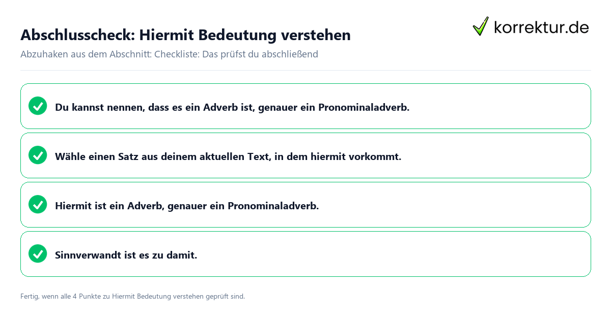 Konkreter Abschlusscheck zu Hiermit Bedeutung verstehen