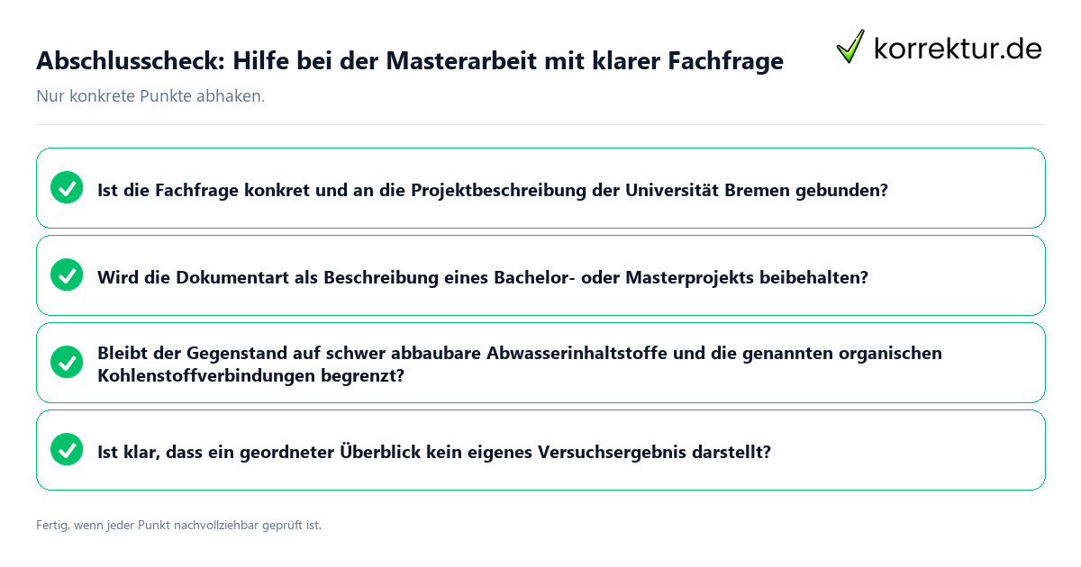 Konkreter Abschlusscheck zu Hilfe bei der Masterarbeit mit klarer Fachfrage
