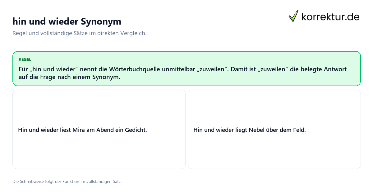 Konkrete Regel und vollständige Beispielsätze zu hin und wieder Synonym