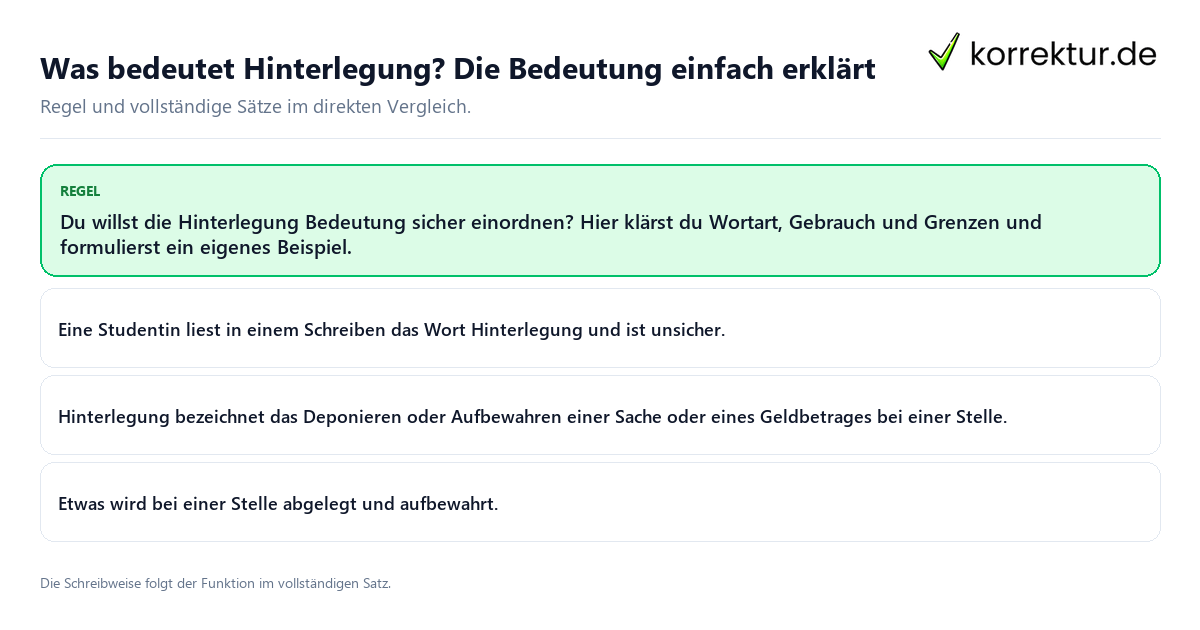 Konkrete Regel und vollständige Beispielsätze zu Was bedeutet Hinterlegung?