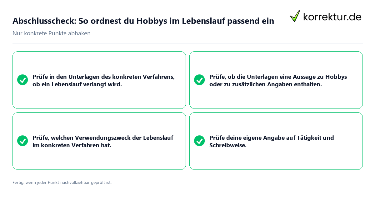 Konkreter Abschlusscheck zu So ordnest du Hobbys im Lebenslauf passend ein