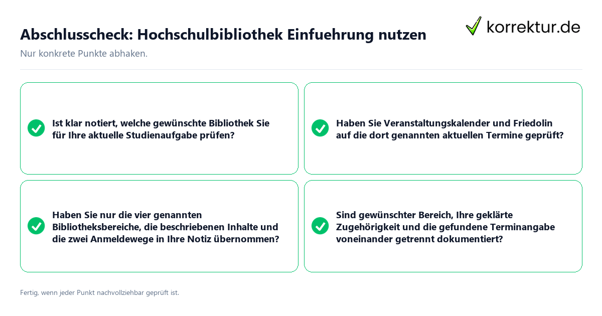 Konkreter Abschlusscheck zu Hochschulbibliothek Einführung nutzen