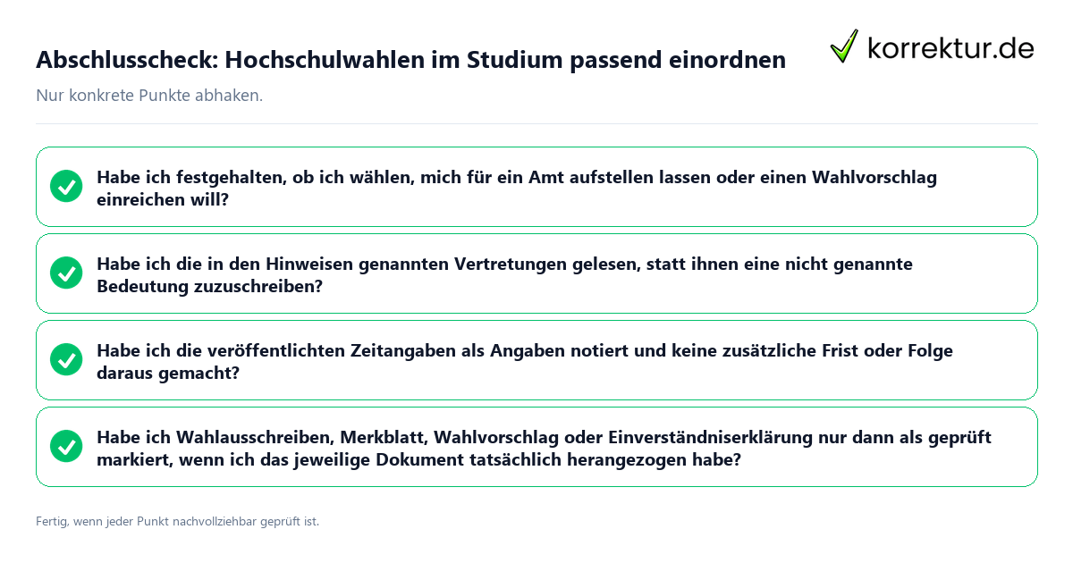 Abschlusscheck: Hochschulwahlen im Studium passend einordnen Konkreter Abschlusscheck zu Hochschulwahlen im Studium passend einordnen