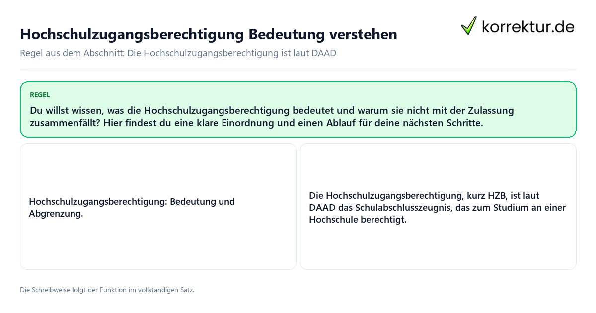 Konkrete Regel und vollständige Beispielsätze zu Hochschulzugangsberechtigung Bedeutung verstehen