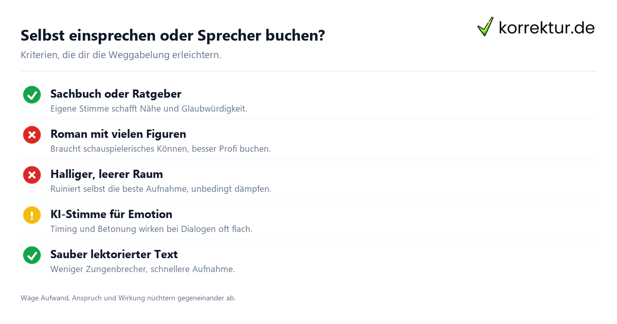 Selbst einsprechen oder Sprecher buchen? Hörbuch selbst einsprechen oder Sprecher buchen: Entscheidungshilfe