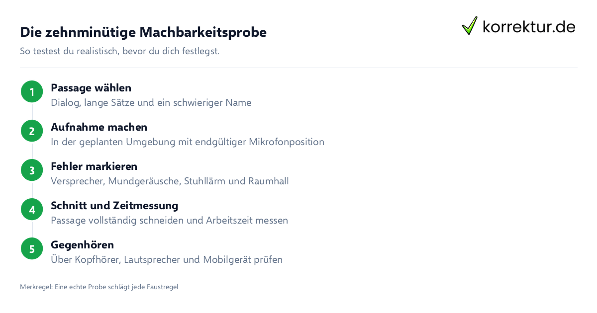 Schritte zur Machbarkeitsprobe vor dem Hörbuch selbst einsprechen