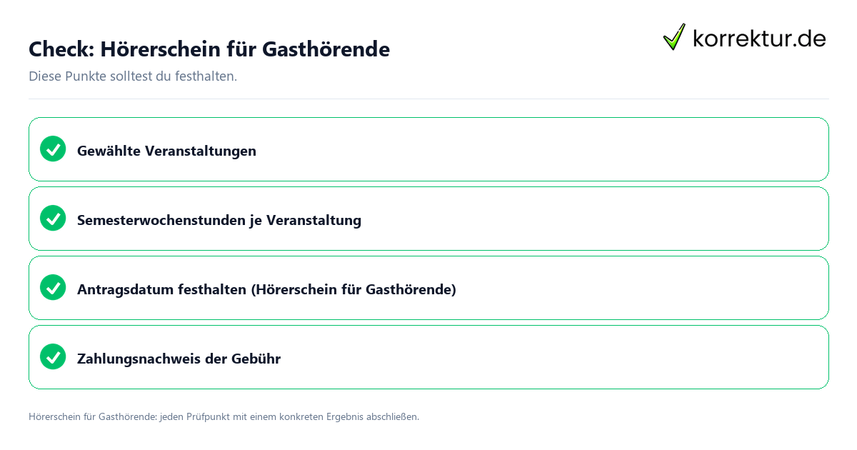 Hörerschein für Gasthörende mit einer themenspezifischen Checkliste