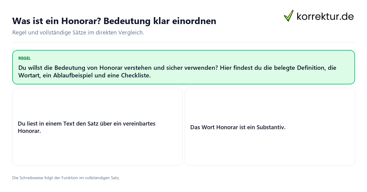 Konkrete Regel und vollständige Beispielsätze zu Was ist ein Honorar? Bedeutung klar einordnen