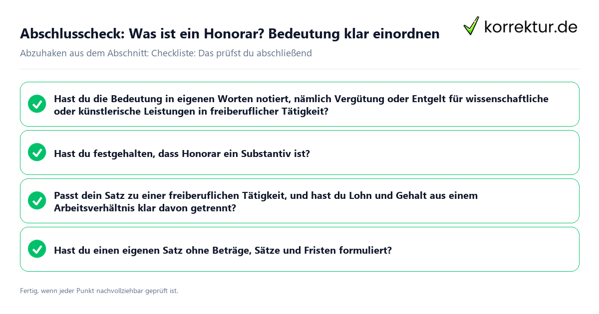 Konkreter Abschlusscheck zu Was ist ein Honorar? Bedeutung klar einordnen