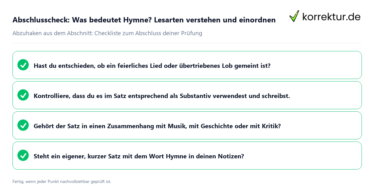 Konkreter Abschlusscheck zu Was bedeutet Hymne? Lesarten verstehen und einordnen