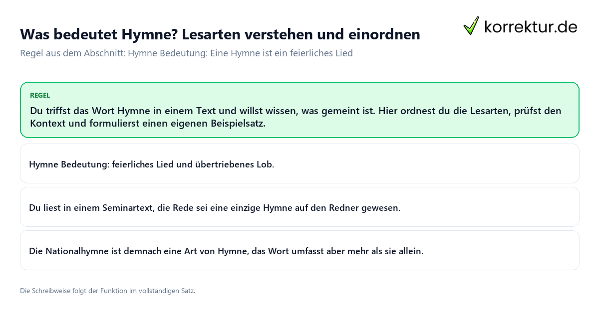 Konkrete Regel und vollständige Beispielsätze zu Was bedeutet Hymne?