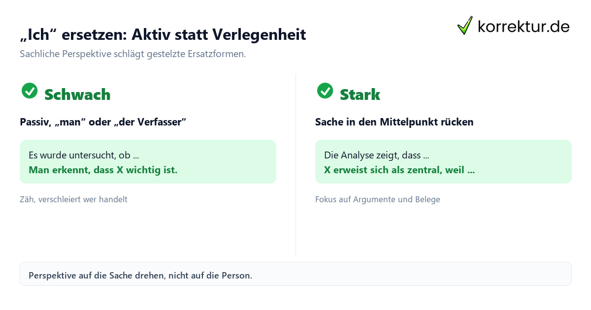 Ich-Form Alternativen: ich, man, wir, Passiv und sachliche Perspektive im Vergleich