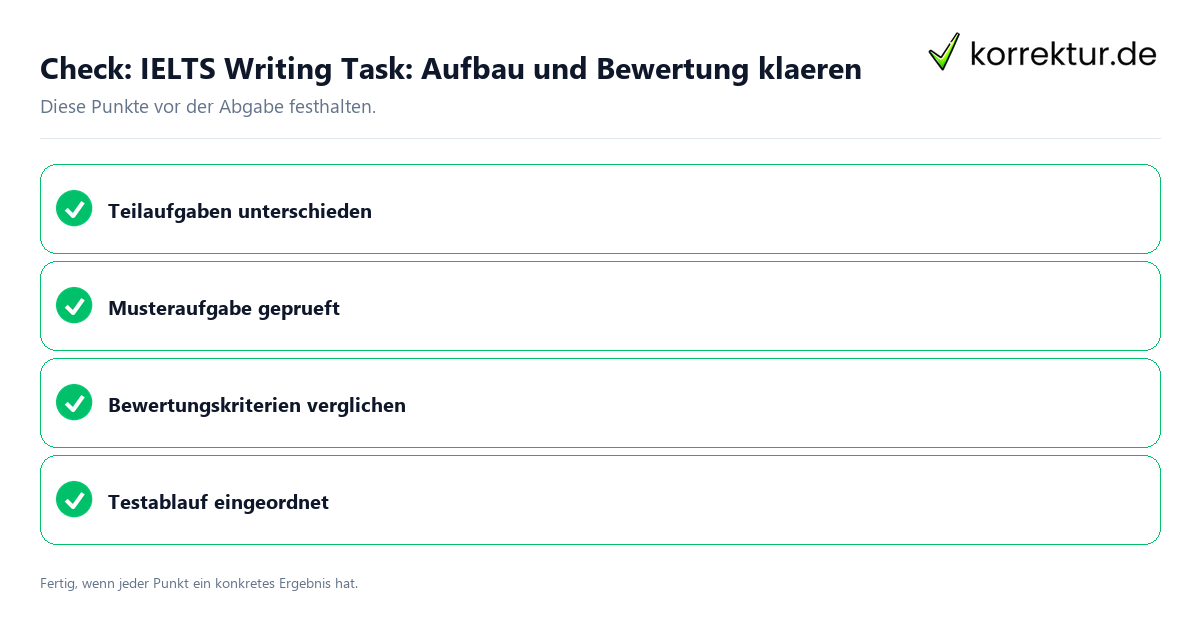 IELTS Writing Task: Aufbau und Bewertung klären: Prüfliste mit vier Punkten