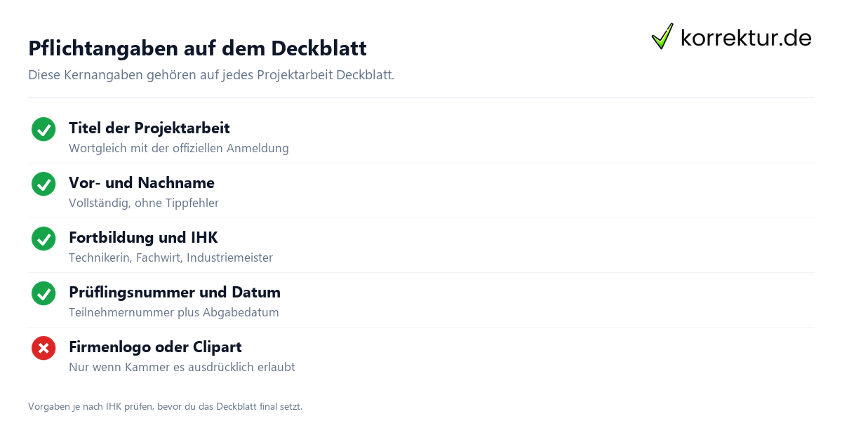 Projektarbeit Deckblatt Pflichtangaben Checkliste