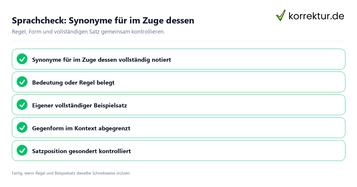 Sprachcheck: Synonyme für im Zuge dessen Konkreter Sprachcheck zu Synonyme für im Zuge dessen mit Regel und vollständigem Beispielsatz