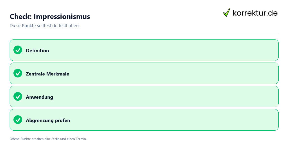 Impressionismus mit Checkliste für Unterlagen und nächste Schritte