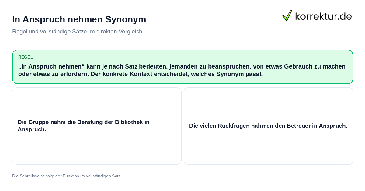 Konkrete Regel und vollständige Beispielsätze zu In Anspruch nehmen Synonym