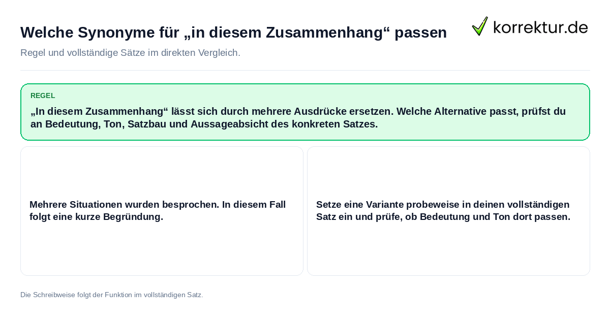 Welche Synonyme für „in diesem Zusammenhang“ passen Konkrete Regel und vollständige Beispielsätze zu Welche Synonyme für „in diesem Zusammenhang“ passen