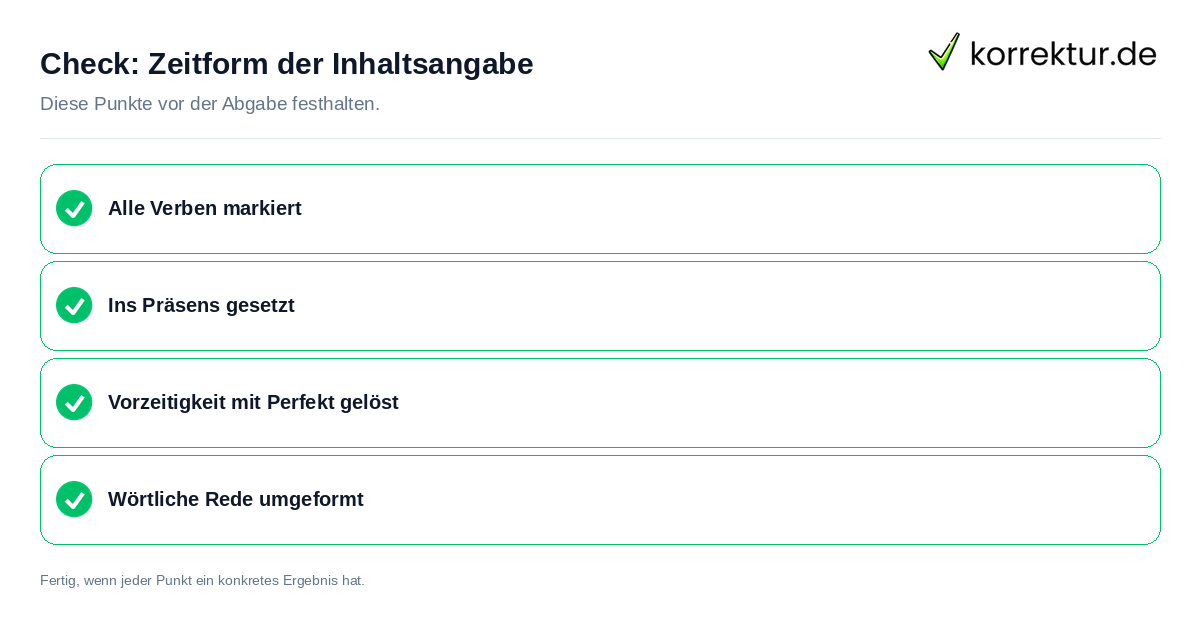 Check: Zeitform der Inhaltsangabe Zeitform der Inhaltsangabe: Prüfliste mit vier Punkten