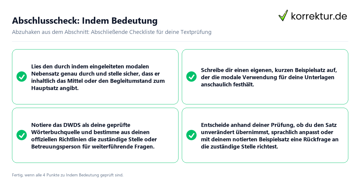 Konkreter Abschlusscheck zu Indem Bedeutung