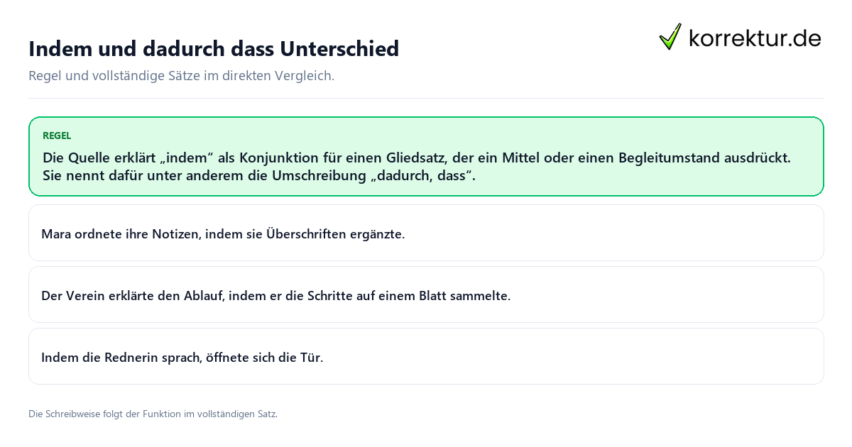 Konkrete Regel und vollständige Beispielsätze zu Indem und dadurch dass Unterschied