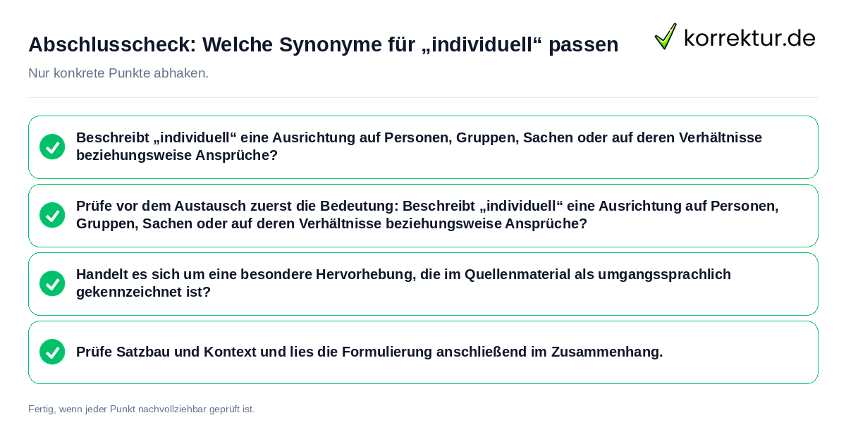 Konkreter Abschlusscheck zu Welche Synonyme für „individuell“ passen