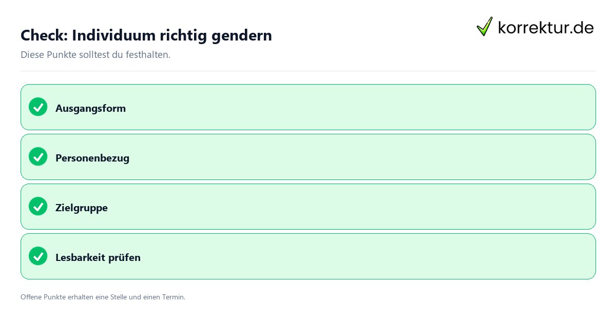 Individuum richtig gendern mit Checkliste für Unterlagen und nächste Schritte