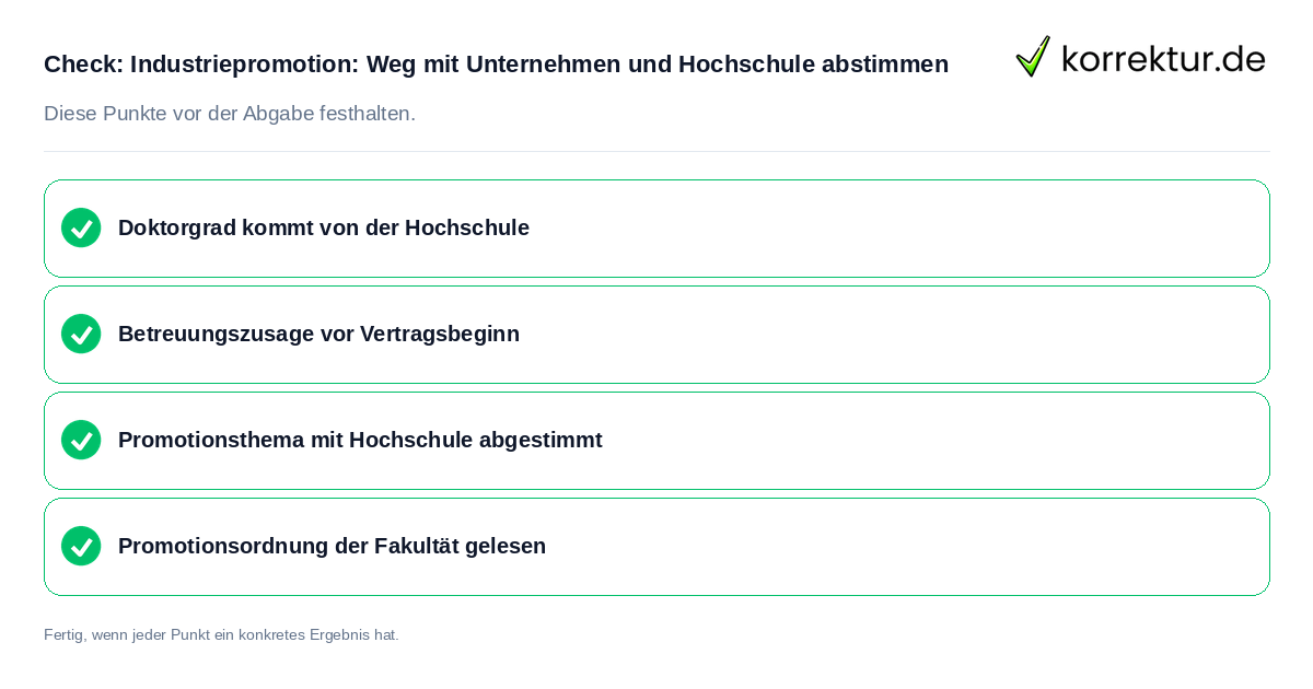 Check: Industriepromotion: Weg mit Unternehmen und Hochschule abstimmen Industriepromotion: Weg mit Unternehmen und Hochschule abstimmen: Prüfliste mit vier Punkten