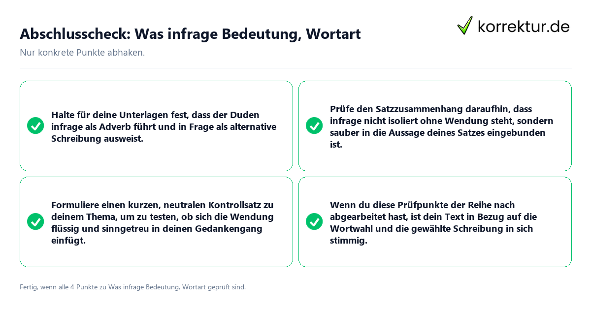 Konkreter Abschlusscheck zu Was infrage Bedeutung, Wortart
