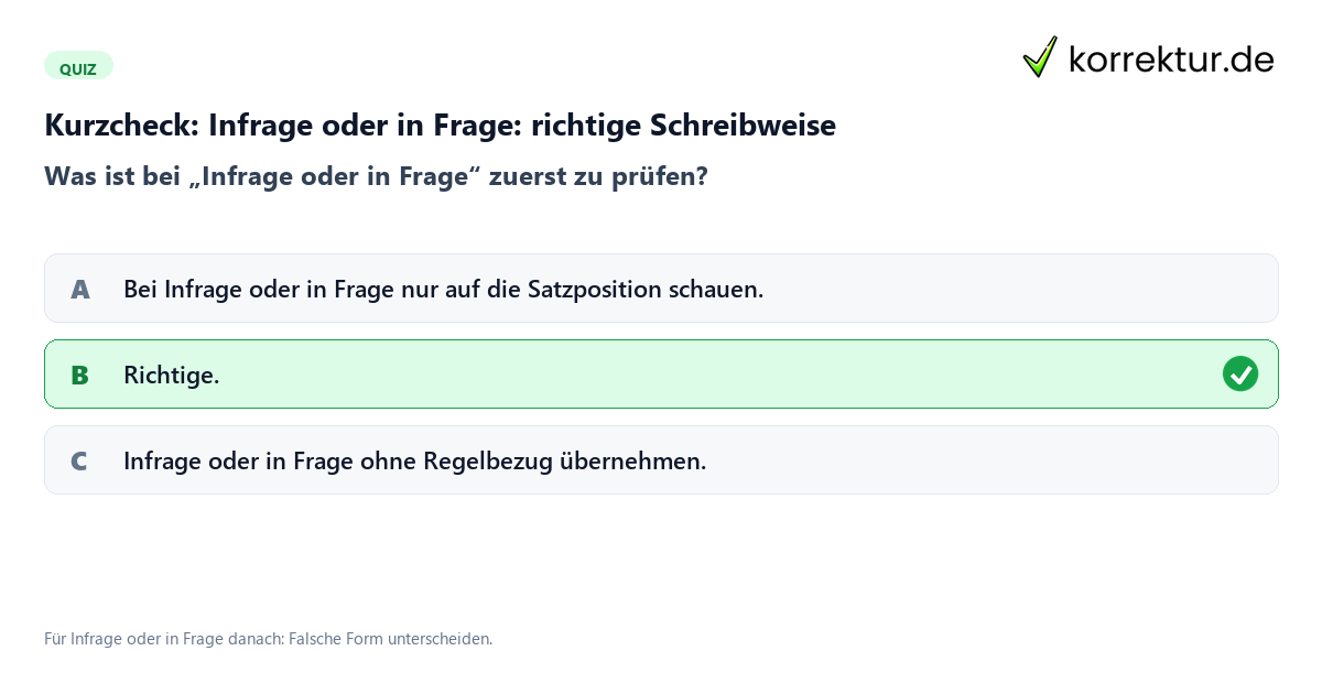 Infrage oder in Frage: richtige Schreibweise mit einem Kurzquiz zum sinnvollen nächsten Schritt