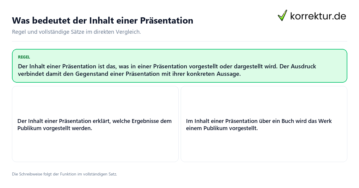 Was bedeutet der Inhalt einer Präsentation Konkrete Regel und vollständige Beispielsätze zu Was bedeutet der Inhalt einer Präsentation