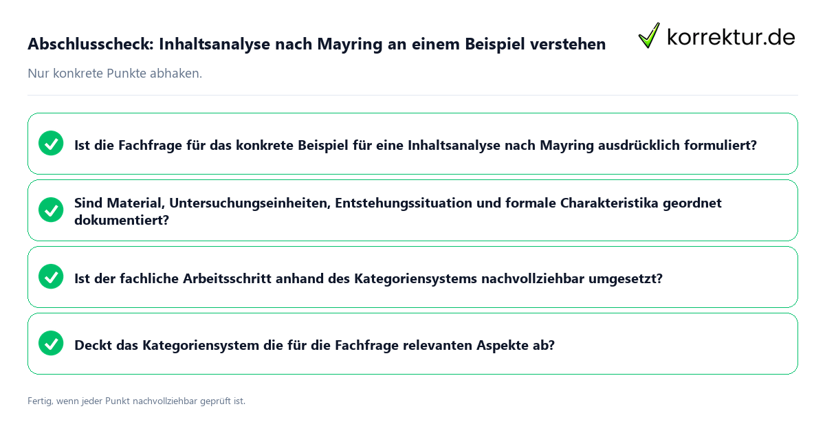 Konkreter Abschlusscheck zu Inhaltsanalyse nach Mayring an einem Beispiel verstehen