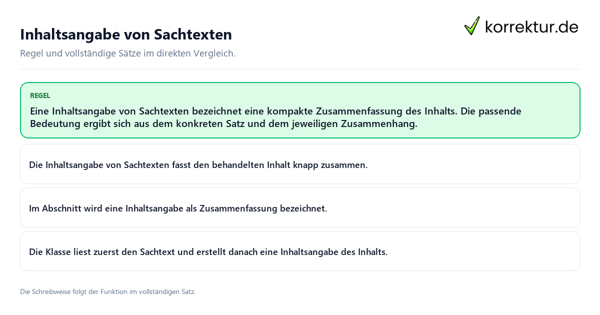Konkrete Regel und vollständige Beispielsätze zu Inhaltsangabe von Sachtexten