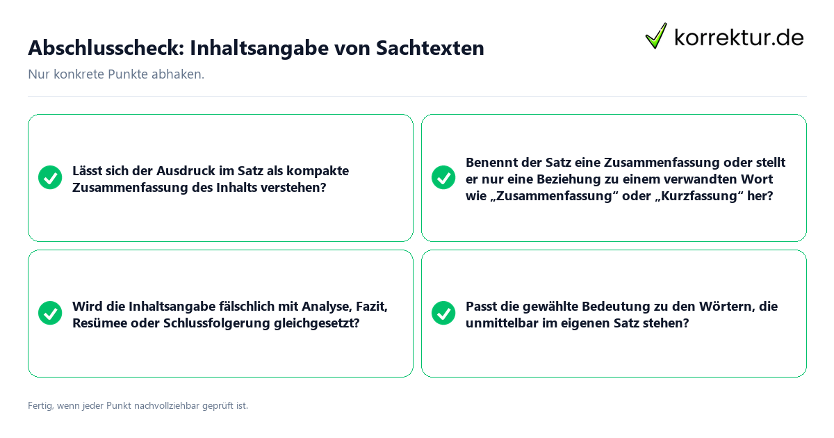 Konkreter Abschlusscheck zu Inhaltsangabe von Sachtexten