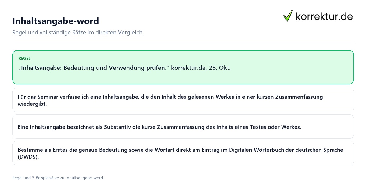 Konkrete Regel und vollständige Beispielsätze zu Inhaltsangabe-word