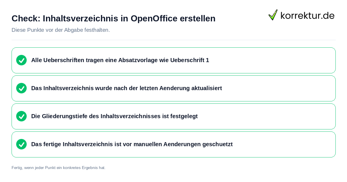 Check: Inhaltsverzeichnis in OpenOffice erstellen Inhaltsverzeichnis in OpenOffice erstellen: Prüfliste mit vier Punkten