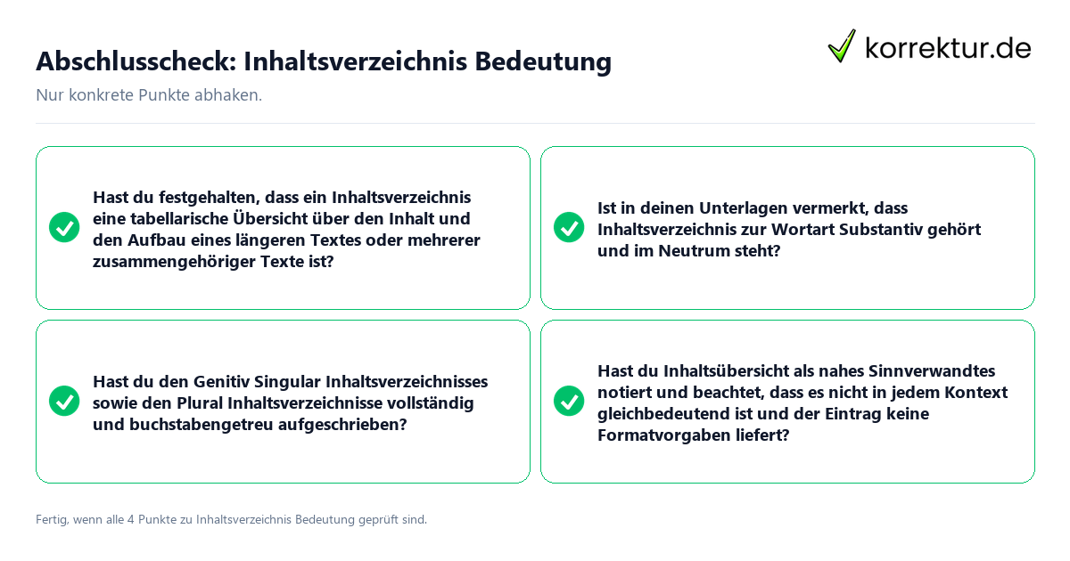 Abschlusscheck: Inhaltsverzeichnis Bedeutung Konkreter Abschlusscheck zu Inhaltsverzeichnis Bedeutung