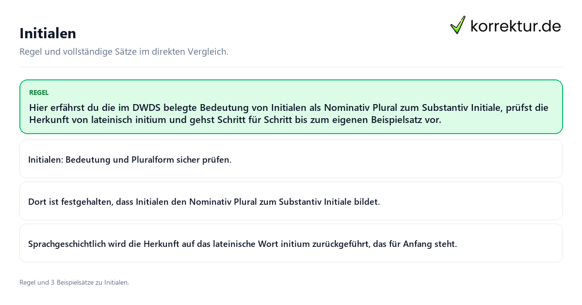 Konkrete Regel und vollständige Beispielsätze zu Initialen