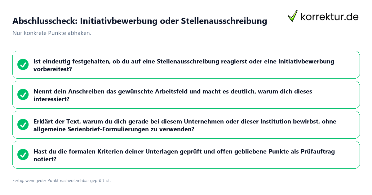 Konkreter Abschlusscheck zu Initiativbewerbung oder Stellenausschreibung