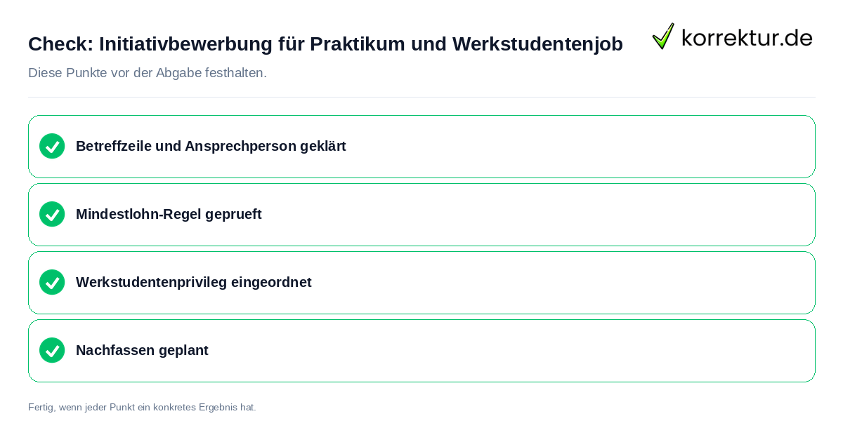 Initiativbewerbung für Praktikum und Werkstudentenjob: Prüfliste mit vier Punkten